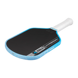 Pickleball paddle with blue and black design on a white background