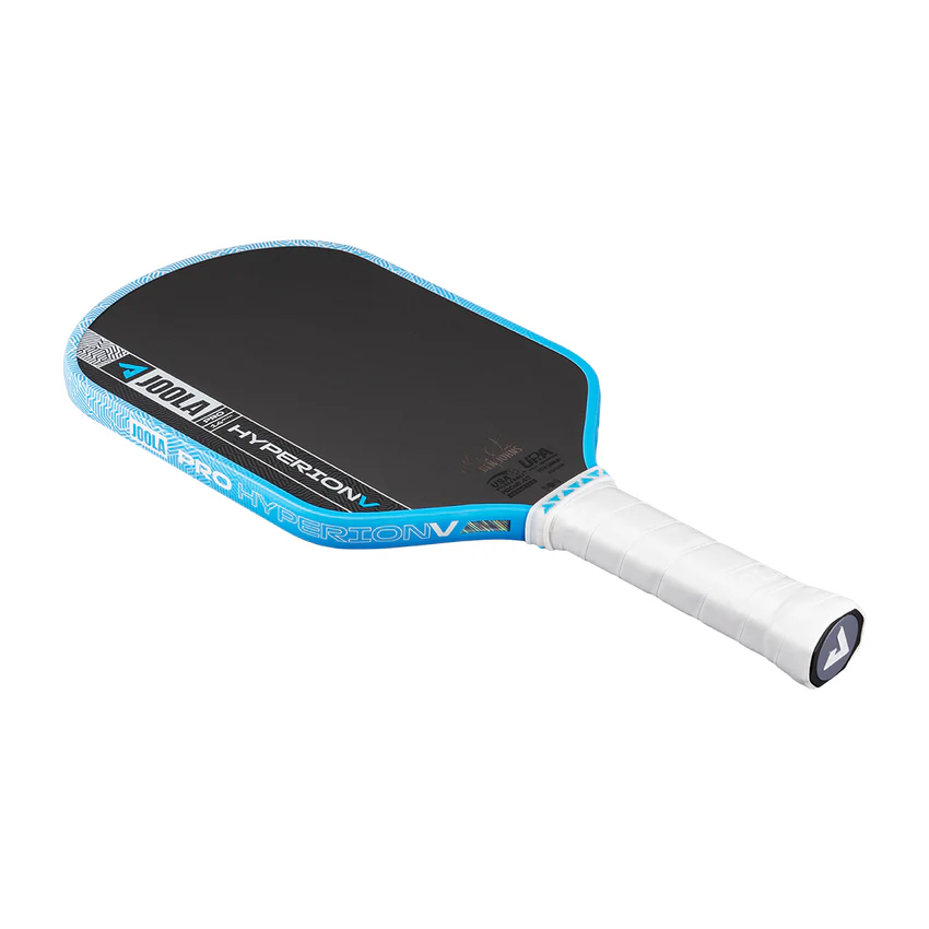 Pickleball paddle with blue and black design on a white background