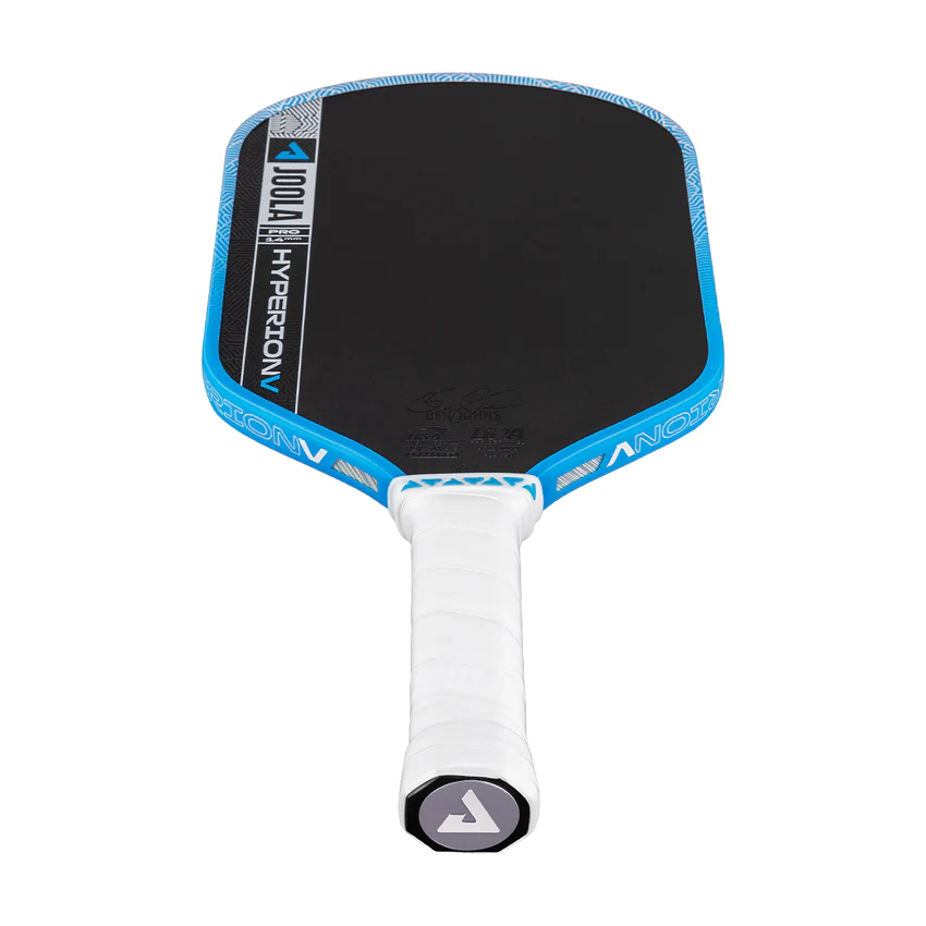 Pickleball paddle with black surface, blue rim, and white handle on a white background