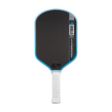 Pickleball paddle with black face, blue edges, and white handle on a white background