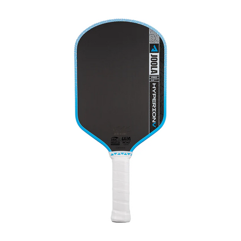 Pickleball paddle with black face, blue edges, and white handle on a white background