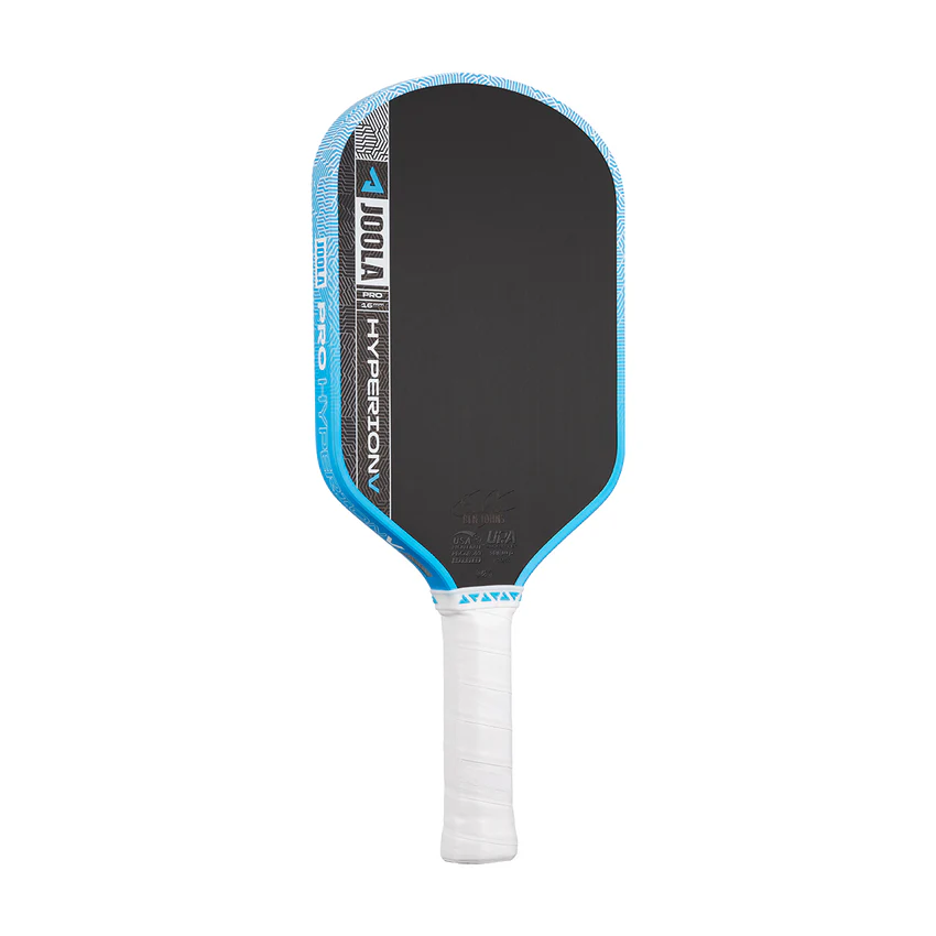 Pickleball paddle with blue and black design on a white background