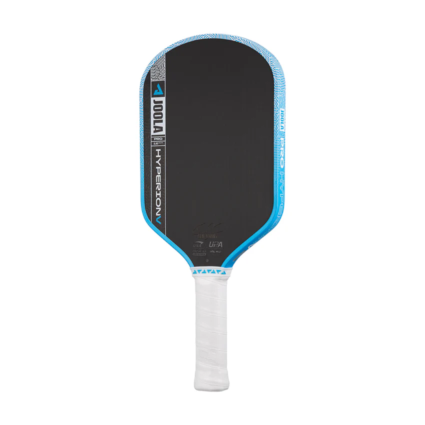 Pickleball paddle with black face, blue rim, and white handle on a white background