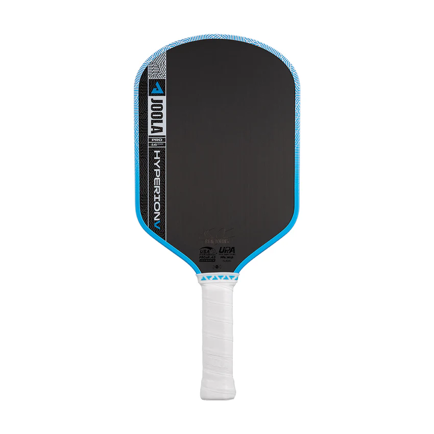 Pickleball paddle with black surface, blue edges, and white handle on a white background