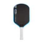 Pickleball paddle with black surface, blue edges, and white handle on a white background