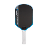 Pickleball paddle with black surface, blue edges, and white handle on a white background