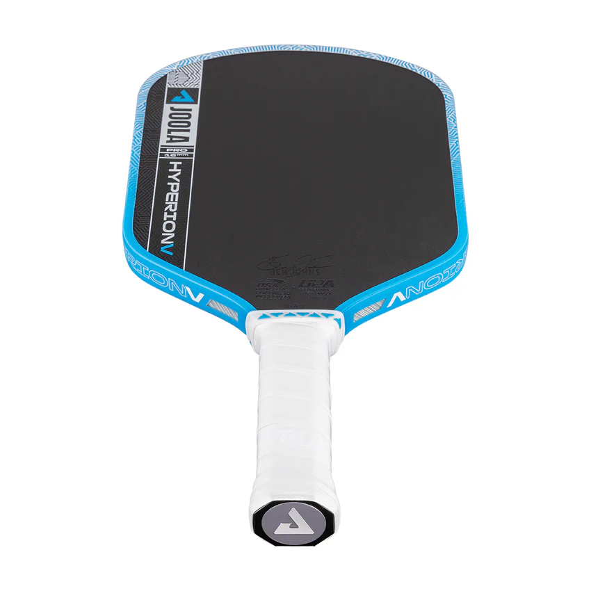 Pickleball paddle with black surface and blue edges on a white background