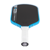 Pickleball paddle with black surface and blue edges on a white background