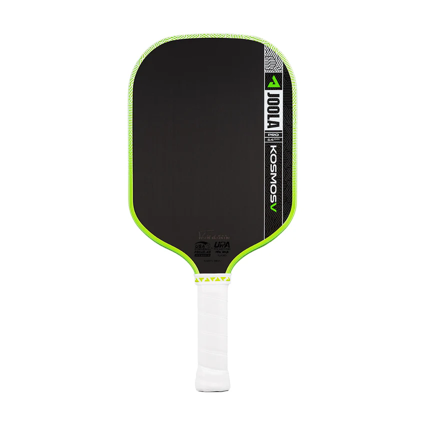 Pickleball paddle with black and green design on a white background