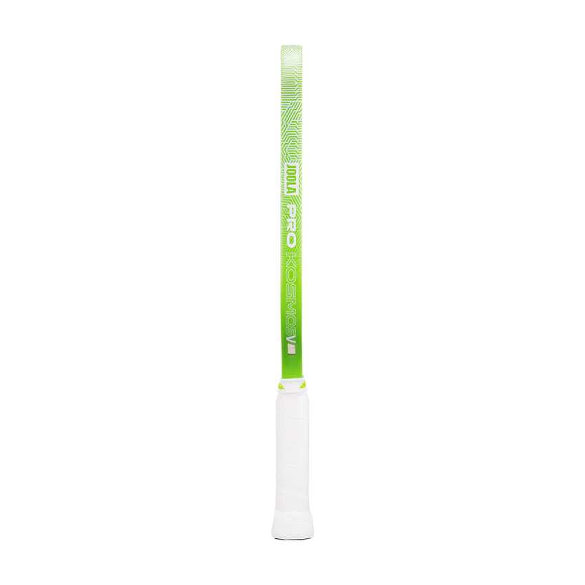 Green and white tennis racket handle on a white background