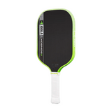 Pickleball paddle with black face, green rim, and white handle on a white background