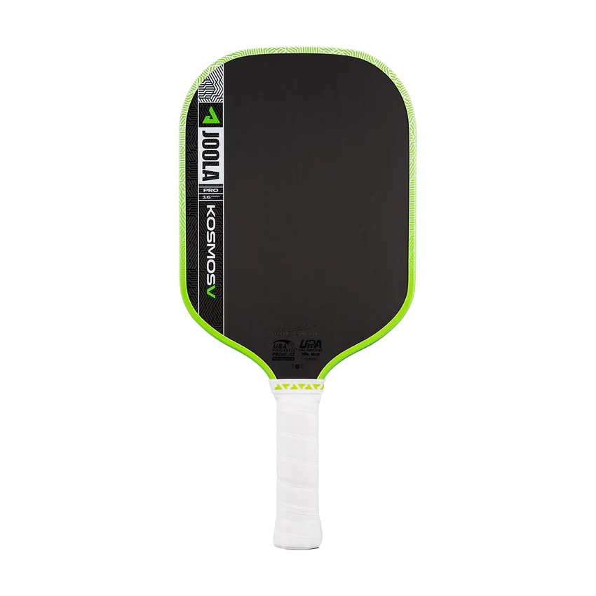 Pickleball paddle with black face, green rim, and white handle on a white background