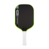Pickleball paddle with black face, green rim, and white handle on a white background