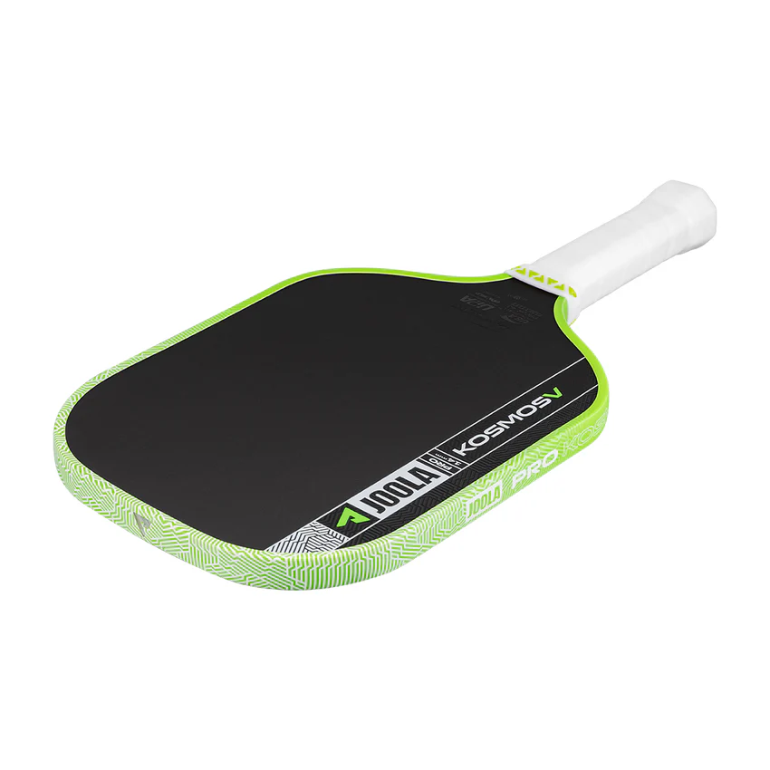 Pickleball paddle with green rim and white handle on a white background