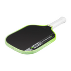 Pickleball paddle with green rim and white handle on a white background