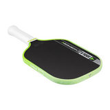 Pickleball paddle with green and black design on a white background