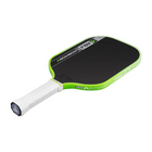 Pickleball paddle with green rim and white handle on a white background