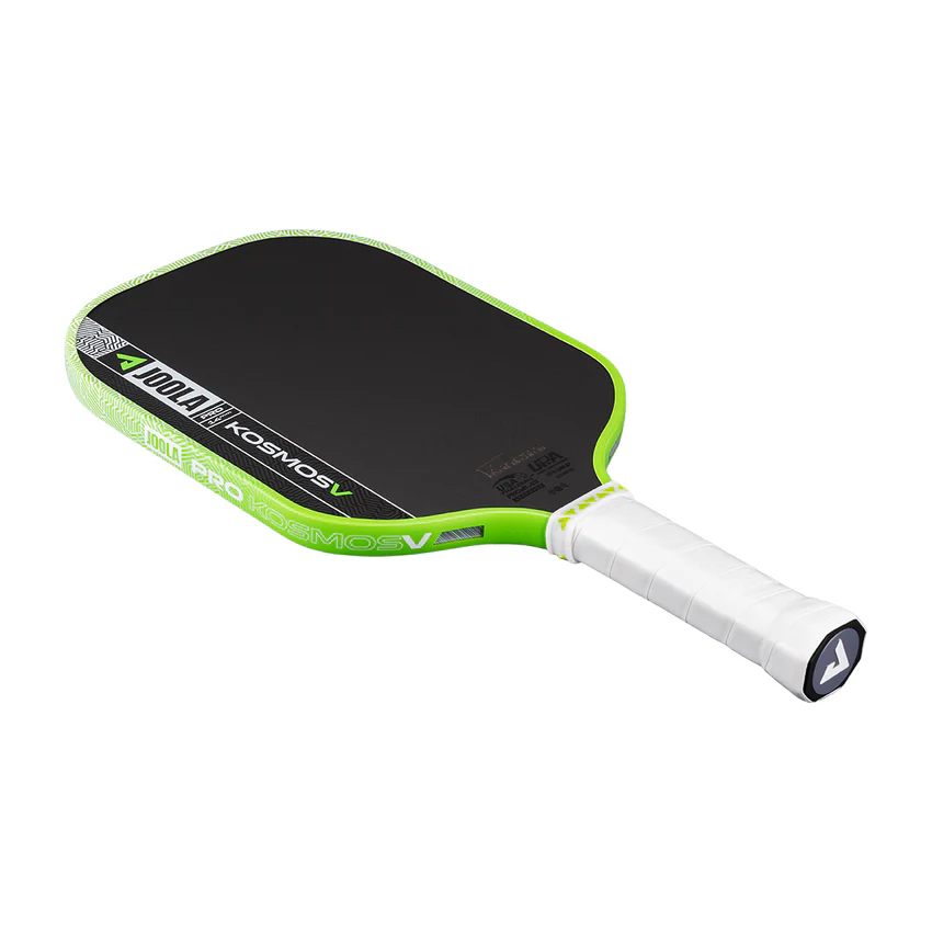 Pickleball paddle with green rim and white handle on a white background