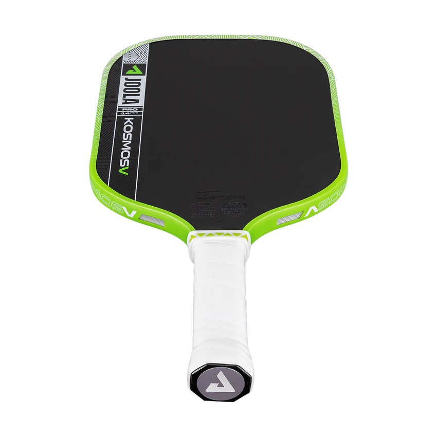 Pickleball paddle with black surface, green rim, and white handle on a white background