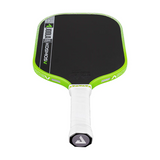 Pickleball paddle with black surface, green rim, and white handle on a white background