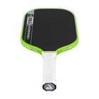 Pickleball paddle with green rim and white handle on a white background