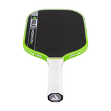 Pickleball paddle with green rim and white handle on a white background