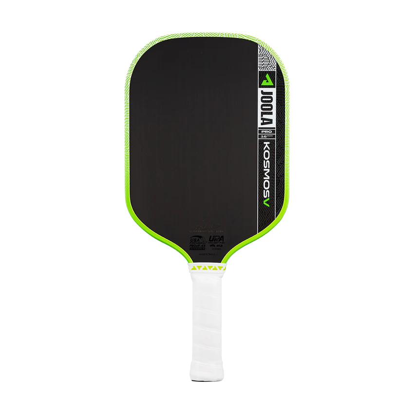 Pickleball paddle with black face, green rim, and white handle on a white background