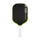 Pickleball paddle with black face, green rim, and white handle on a white background