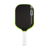 Pickleball paddle with black face, green rim, and white handle on a white background