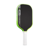 Pickleball paddle with green rim and white handle on a white background