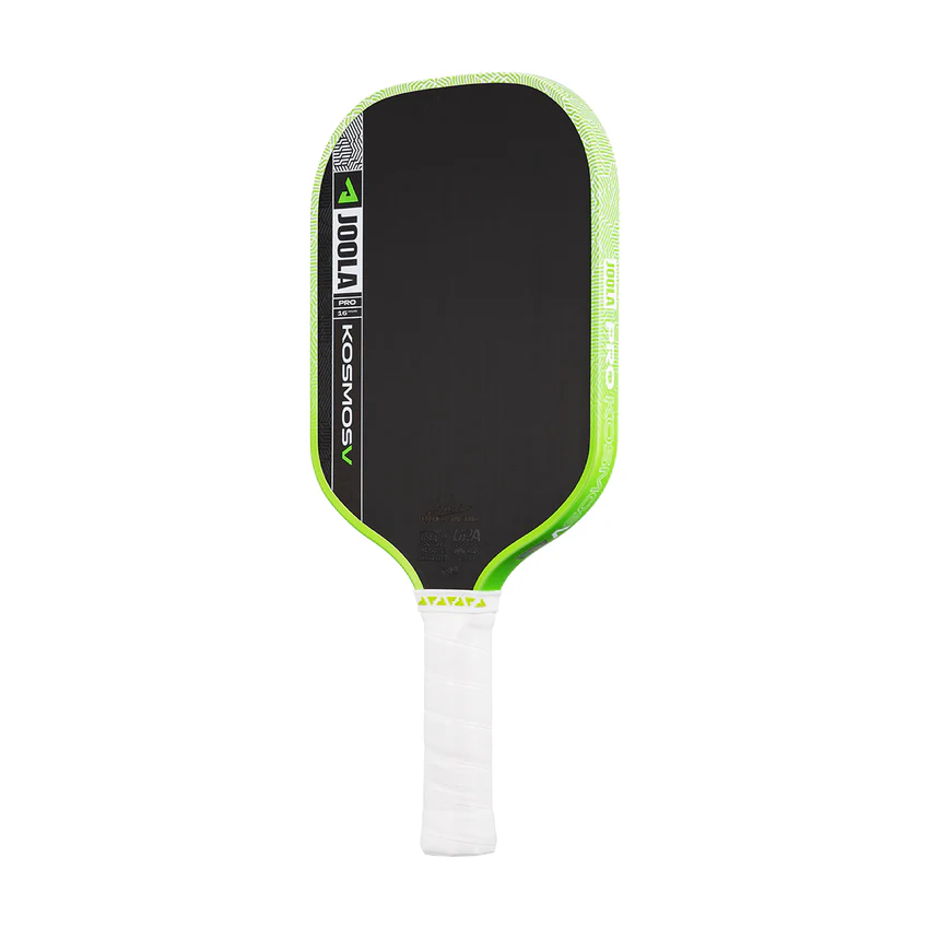 Pickleball paddle with black face, green rim, and white handle on a white background
