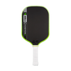 Pickleball paddle with black face, green rim, and white handle on a white background