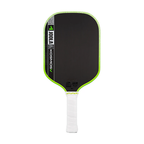 Pickleball paddle with black face, green rim, and white handle on a white background