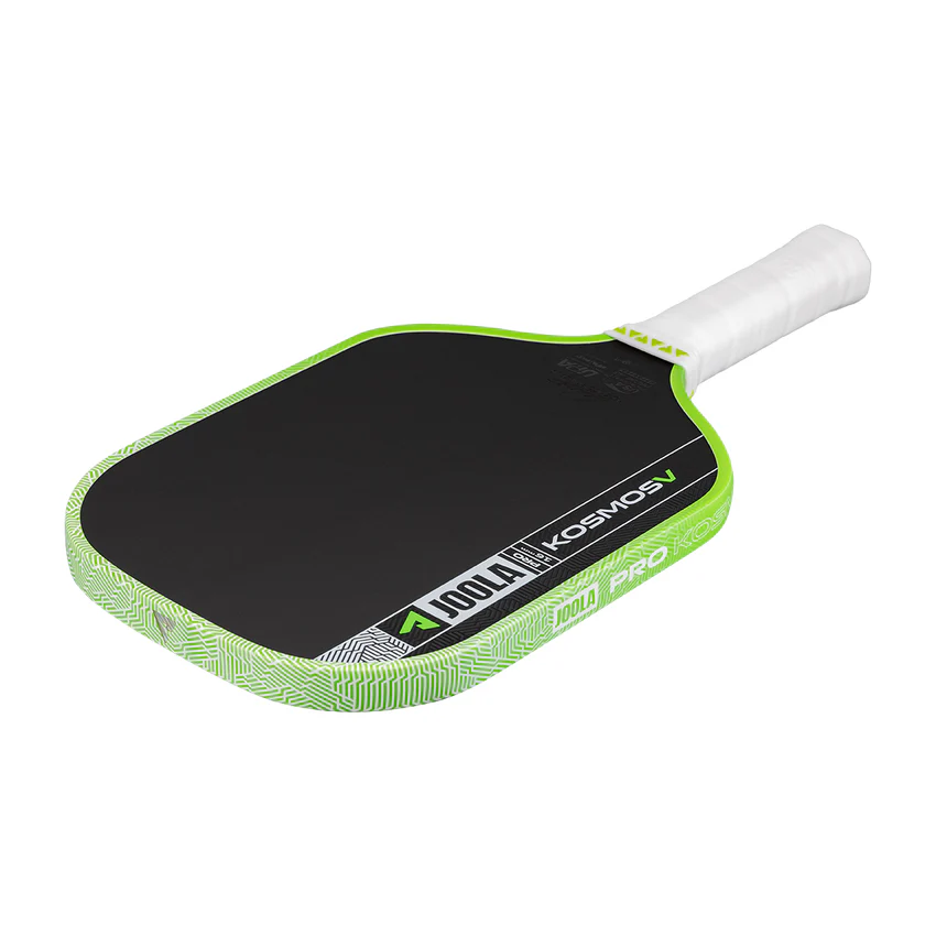 Pickleball paddle with green rim and white handle on a white background