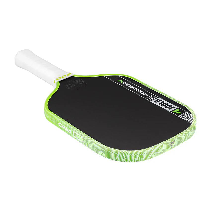 Pickleball paddle with green rim and black surface on a white background