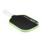 Pickleball paddle with green rim and black surface on a white background