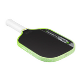 Pickleball paddle with green rim and black surface on a white background