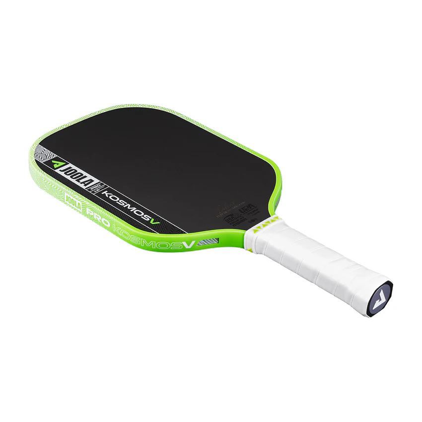 Pickleball paddle with green frame and white handle on a white background