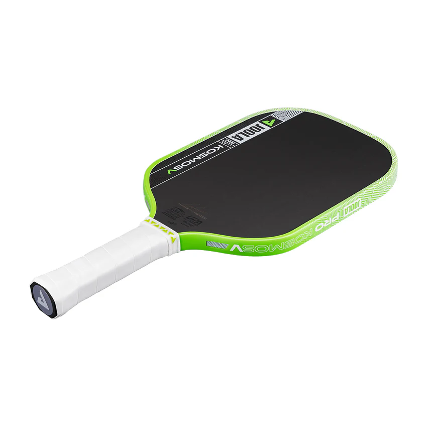 Pickleball paddle with green and white handle on a white background