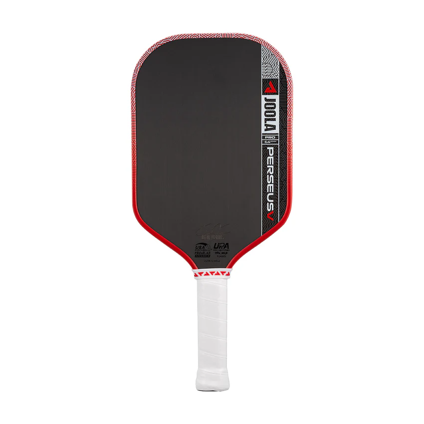 Pickleball paddle with red and black design on a white background