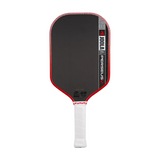 Pickleball paddle with red and black design on a white background