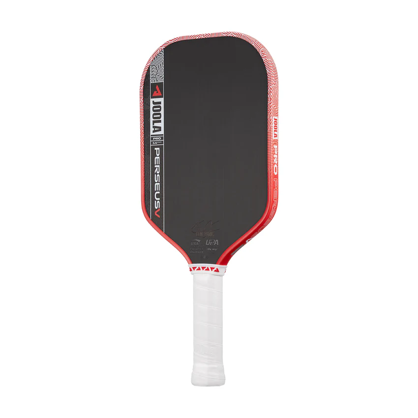 Pickleball paddle with black face and red edges on a white background