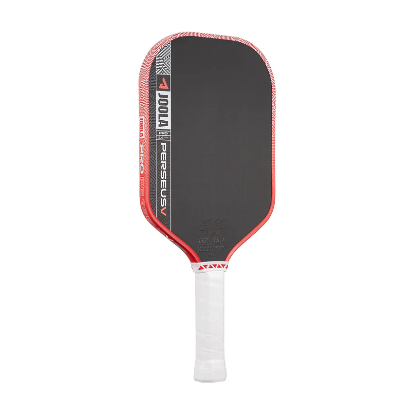 Pickleball paddle with red and black design on a white background