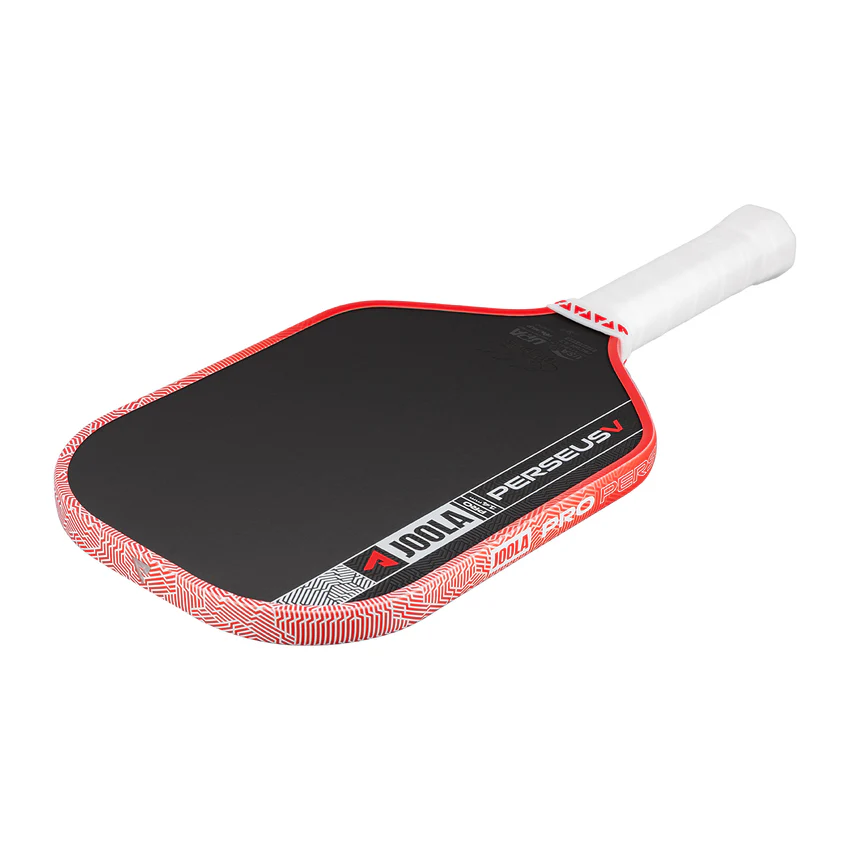 Pickleball paddle with red and black design on a white background