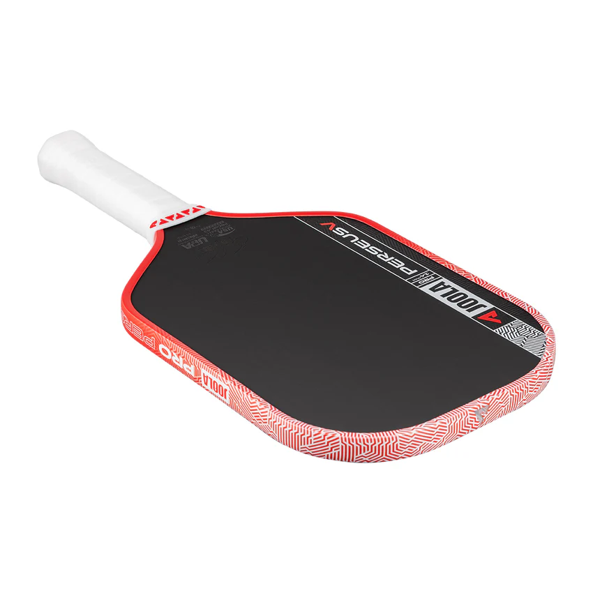 Red and black pickleball paddle with white handle on a white background