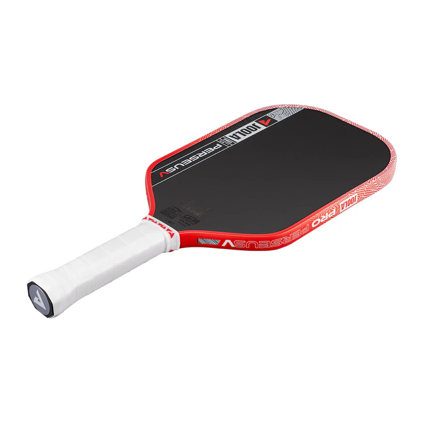 Red and black pickleball paddle on a white background