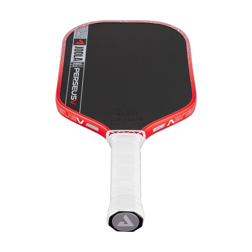 Red and black pickleball paddle with white handle on a white background