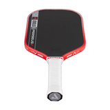 Red and black pickleball paddle with white handle on a white background