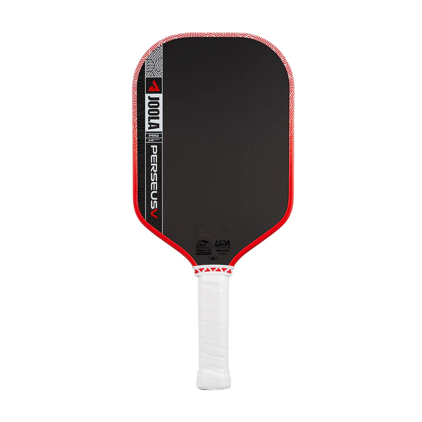 Pickleball paddle with black surface, red edges, and white handle on a white background