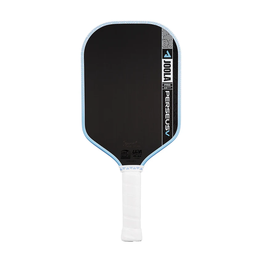 Pickleball paddle with black face and white handle on a white background